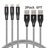 AASAMA Lightning Cable, 6 Feet Extra Long Certified Nylon Braided iPhone Charging Cord for iPhone, iPad and iPod with Leather Straps - Black in Grey (3 Pack)
