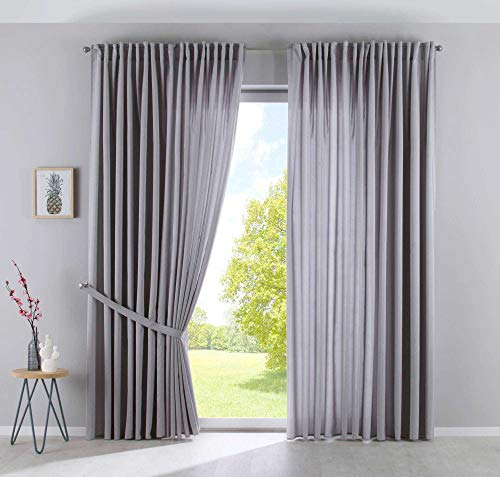 Gardinenbox Cationic Jena 2019037-2 Set of 2 Curtains Concealed Loops H x W 250 x 300 cm Silver Opaque Linen Look Curtains Mottled Curtain Tape with Tie Backs