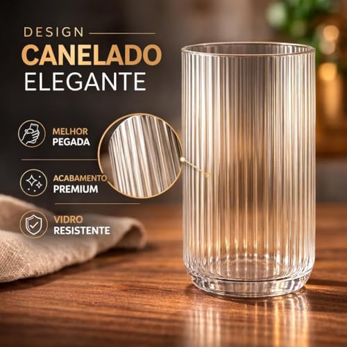 Kit 6 Copos de Vidro Canelado Transparente 430ml Design Moderno Elegante Ideal para Água Suco Drinks Whisky Refrigerante Mesa Posta Cozinha Bar Restaurante Jogo com 6 Copos Para Ambientes Elegantes