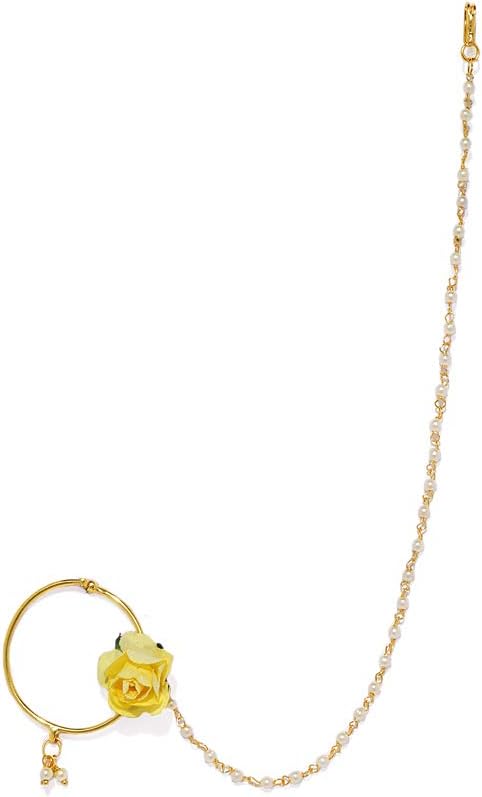 ACCESSHERTraditional Gold Plated Handcrafted Artificial Yellow Flower Embedded Delicate Nose Ring/Nathani with Tiny Pearls Chain for Women Pack of 1