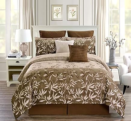 Amazon Com Grandlinen 8 Piece King Size Bamboo Print Luxury Primrose Bedding Chocolate Brown Cream Taupe Comforter Set Bed In A Bag Home Kitchen
