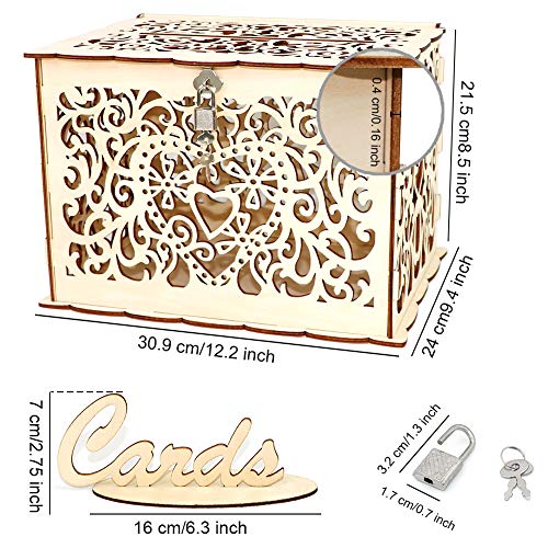 Wedding Card Box, Angela&Alex Wooden Gift Card Holder DIY Hollow Wedding Money Boxes with Lock and Card Sign Cards Hold up 300 Cards for Wedding Reception Anniversary Baby Shower Birthday Party Decora