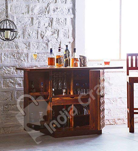 India Craft Pre-Assemble Sheesham Wood Stylish Bar Cabinet/Wine Rack/Beer Bar/with Wine Glass Storage- Living Room Furniture (Honey Oak Finish)