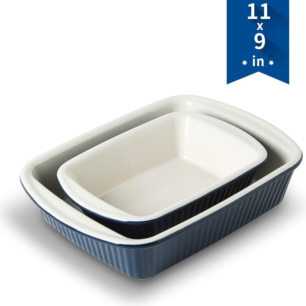 Bakeware Set, KOOV Ceramics Baking Dish Set, Rectangular Lasagna-Pans for Cooking, Cake Dinner, Kitchen, 11 x 9 Inches, 2-Piece (Navy Blue)