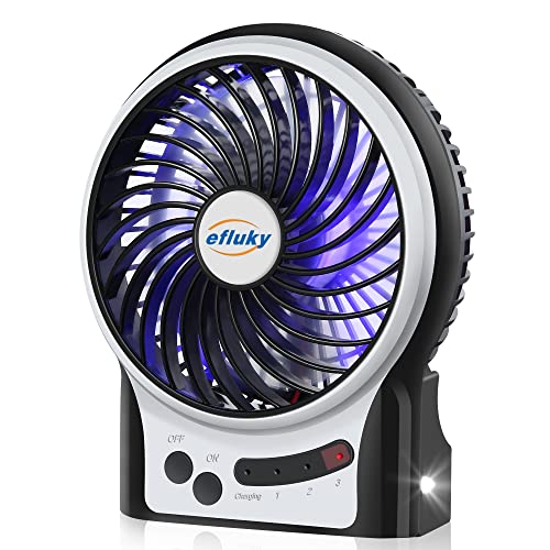 efluky 3 Speeds Mini Desk Fan, Rechargeable Battery Operated Fan with LED Light, Portable USB Fan Quiet for Home, Office, Travel, Camping, Outdoor, In
