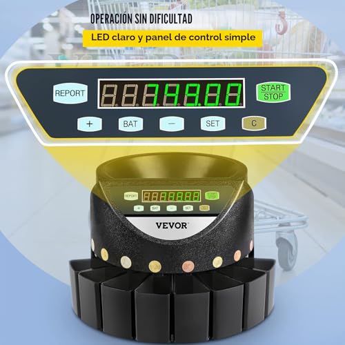 Contador de Monedas Euro Profesional, 300 PCS por Minuto, Clasificador de Monedas Pantalla LED de 7 Dígitos, Máquina Contar Monedas con 8 Cajas de Recolección de Alta Precisión