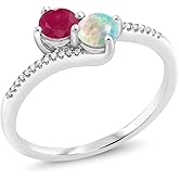 Gem Stone King 10K White Gold Forever United 2 Stone Red Ruby and White Simulated Opal and Diamond Engagement Ring For Women (0.72 Cttw, Round)