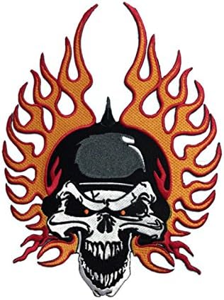 Large Size! Cool Embroidered Patch Applique Cloth Attached Adhesive Iron On/sew on Skull and Red Fire 9 X 12 Inch Biker Chopper Jacket Jeans
