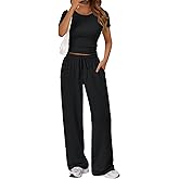 Trendy Queen 2 Piece Matching Summer Sweatsuit Lounge Set Womens Wide Leg Pants Side Ruching Crop Top Sets