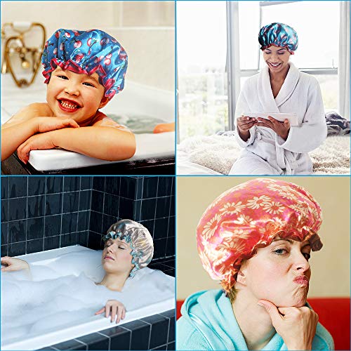 Waterproof Stain Shower Cap 6 Pack Double Layer Large Bath Cap for Women, Kids and Girls