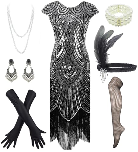 "1920s Flapper Dress Roaring 20s Great Gatsby Fringed Sequin Dress Accessories Set " (4XL, Black&Silver) at Amazon