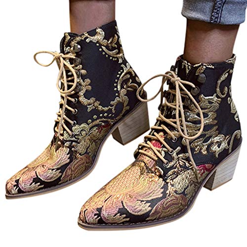 TnaIolral Women Suede Boots Square Heel Embroidery Boots Lace-Up Pointed Toe Shoes (US:8, Black)