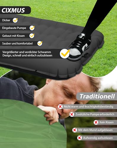 CIXMUS Inflatable Camping Sleeping Mat with Foot Pump and Pillow, 12 cm Thickened - Comfortable, Ultralight, Small Pack Size, Connectable - Ideal for Hiking, Camping and Travel