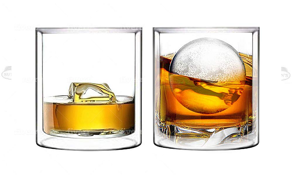 Double Wall Whiskey/Scotch Rocks Glass Set by Sun’s Tea | 5.5oz | Old Fashioned Drinking & Cocktail Glasses | Clear Insulated Tumbler - Set of 2