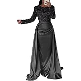 Long Sleeve Satin Prom Dresses Long Mermaid Sequin Formal Wedding Guest Evening Gowns with Train XPD02