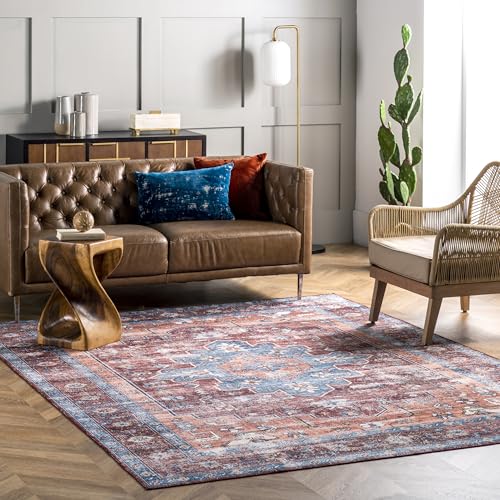 Nuloom SpinClean Zena Rust/Blue, 5' x 8', Vintage, Soft and Cozy, High Traffic,…