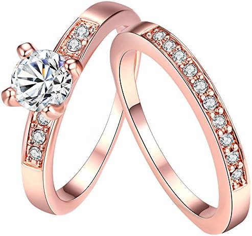 AONEW Womens Mens 2 PCS 18K Rose Gold Plated Princess Cut Round Cubic Zirconia CZ Wedding Band Ring Set Szie 7