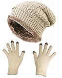 Slouchy Beanie Gloves for Women HINDAWI Winter Hat Knit Warm Skull Cap Touch Screen Mittens Beige