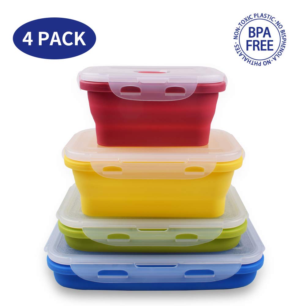 Dalebox Collapsible Food Containers - Airtight Foldable Silicone Storage Box -BPA Free, Microwave, Dishwasher and Freezer Safe Rectangle-Case (4 Pack)