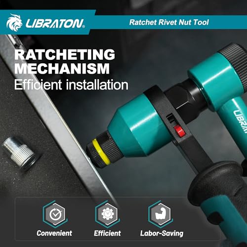 LIBRATON Rivet Nut Tool Kit, Rivnut Tool, Professional Ratchet Rivet Nut Tool, Ratcheting Riv Nut Tool with 10 SAE and Metric Mandrels, 100PCS Rivet Nuts, Rugged Carry Case, Nutsert Kit for Automotive