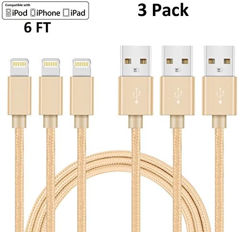 Newyht Lightning Cable 6ft, charger Cable for iPhone X, 8, 8 Plus, 7, 7 Plus, 6s, 6s Plus, 6, 6 Plus, SE 5s 5c 5, iPad Air 2 Pro, iPad mini 2 3 4, iPad 4th Gen Gold 3 Pack