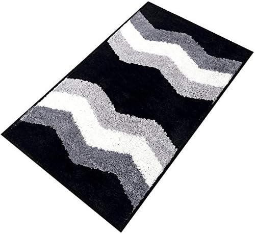 youta Non Slip Bath Rug Absorbent Non-Skid Backing Mat Striped Shaggy Door Mat for Bathroom Kitchen Entry 20x32 Inch Black Wave