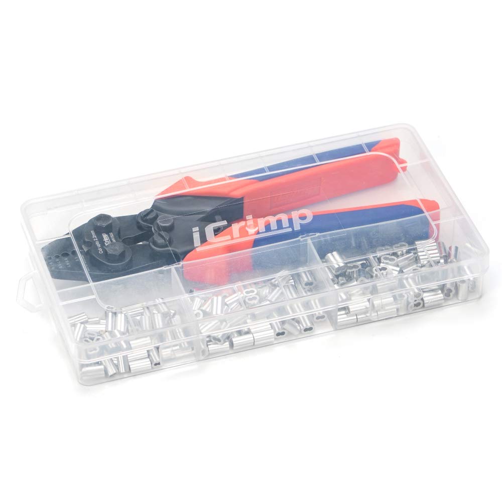 iCrimp Wire Rope Tool Set with Crimping and Cutting Functions, Includes 150 Aluminum Oval Sleeves and Stop Loops for Cable Railing, Hand Swaging, Compatible with 0.1-2.2mm Wire Rope