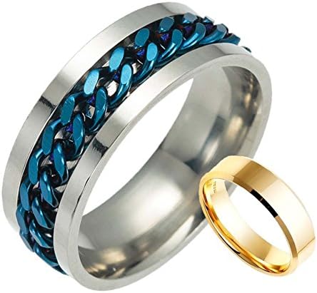 Hip-hop Ring Stainless Steel Grooved Edge Center Chain Ring Stainless Steel Rings for Men Wedding Ring Cool Simple Band 2pcs(EG-6)