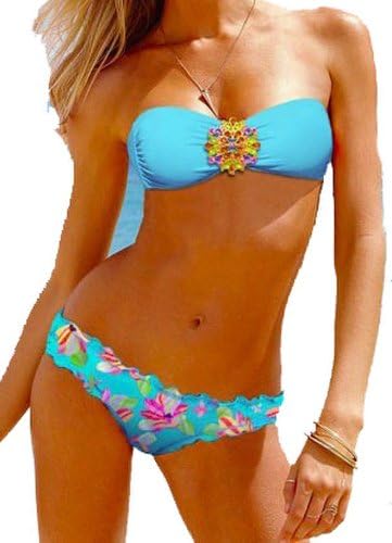 New Style Bikini Set/Jeweled Tube Top/Chic Flower Print Low Cut Bottom blue S