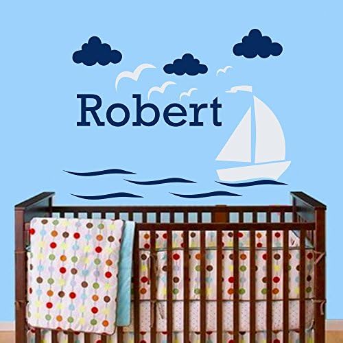 Zixinruies Nautical Wall Decals Personalized Name Decal Baby Boy Bedroom Room Nursery Ship Clouds Wave Vinyl Sticker Custom Home Decor Murals