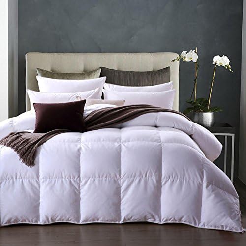 Elliz Deluxe Box Stitched 600 Fill Power White Down Comforter, 300 TC 100% Cotton, Level 2 Medium Weight (Queen)