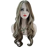 eNilecor 2 Tones Blonde Mixed Auburn Highlights Wigs Long Curly Full Natural Women Heat Resistant Synthetic Hair Custom Party Wig with Side Bangs+ Wig Cap (29