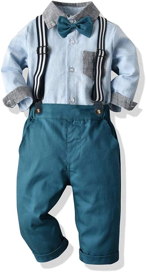 Amberetech Baby Boys Suspender Shorts Set Denim Overalls Outfit Cotton Long Sleeve Blue Stripe Shirt Two-Piece Suits