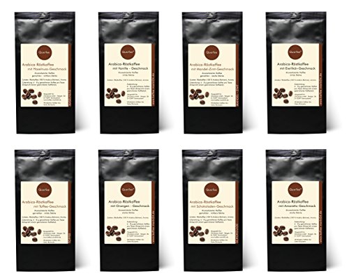 8 x Kaffee mit Geschmack als Kaffee Geschenkset Probierset - Haselnuss, Vanille, Mandel Zimt, Eierlikör, Toffee, Orange…