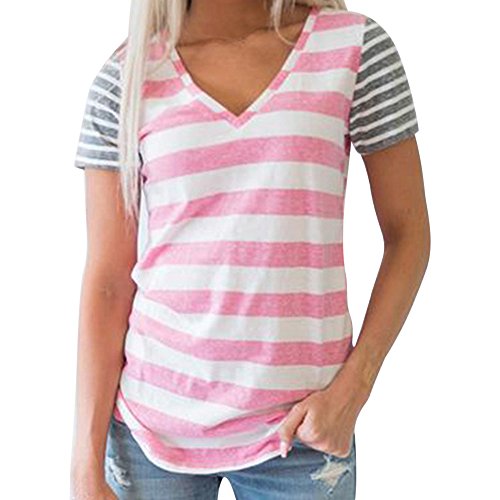 Women Shirts Fashion Plus Size Casual Stitching Striped Short Sleeve Blouse Tunic Teen Girls Sweatshirt Pullover Tops (L, Pink)