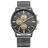 Men's Watch 1611 Stainless Steel Calender Alloy Business Formal Wrist Watches for Man (Black Gold)