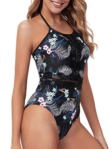 Peddney Vintage Lace One Piece Swimsuits Halter Floral Print Bathing Suit Lace Up Back Monokini Black