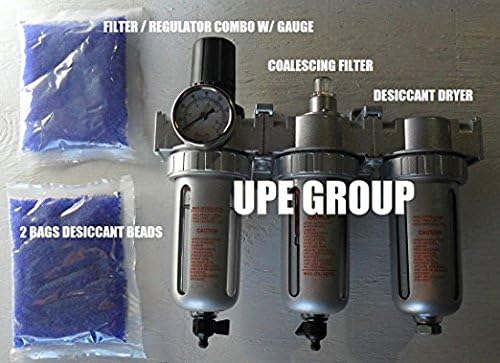 1/2" COMPRESSED AIR PARTICULATE FILTER WATER TRAP, PRESSURE REGULATOR, DESICCANT AIR DRYER, COALESCING FILTER W/ TEKTON 46362 1/2" I.D. BY 3' 250 PSI RUBBER LEAD-IN AIR HOSE W/ 1/2" NPT ENDS