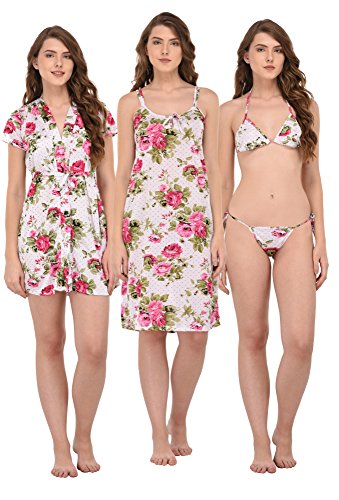 You Forever Women's Satin Printed Nighty with Robe(YFPR-GNBKSNT2-PNK, Multicolour, Medium)