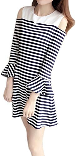 Comemall Womens Girls Office Stripe Stitching Lotus Leaf Sleeve Cold Shoulder Mini Dirndl Dresses