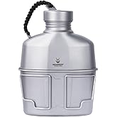 SILVERANT Camping Canteen Titanium Military Canteen Mess Kit Ultralight Camping Mug with Carry Pouch & Cup Foldable Handle -Bottle 1000ml, Cup 600ml