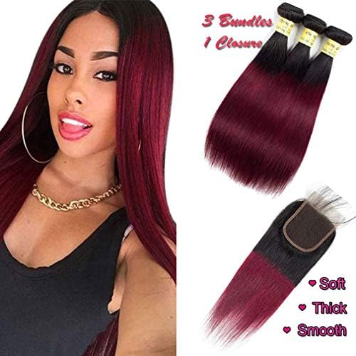 Ombre Hair 1B/99J Burgundy Straight Hair Bundles with 4x4 Lace Closure Human Brazilian Virgin Hair Sew in Hair Extensions (18" 20" 22" & 16") Inch