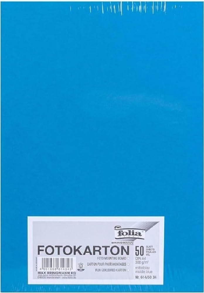 folia 614/50 34 Photo Card DIN A4, 300 g/m², 50 Sheets, Medium Blue, for Crafts and Creative Design of Cards, Window Pictures and Scrapbooking
