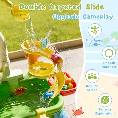 SwinKate Upgraded 4-in-1 Sand Water Table for Toddlers 1-3, Kids Sensory Table with Electric Water Pump & Sun Flower Faucet, Play Kitchen Sink with Food Accessories, Fishing Toy ‒ Adjustable Height