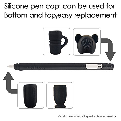 Pencil Case - Pencil Silicone Sleeve Skin Grip Leather Case Zipper Pouch Bag Holder Mini Bear Cover 4 Cartoon Caps Compatible Apple Pencil iPencil Stylus Touch Pen iPad Pro 9.7 iPad Pro 12.9 - Black - Thumbnail 7