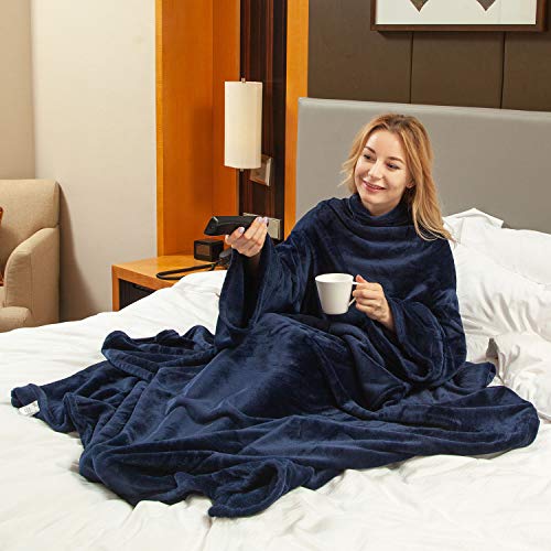 Wearable Fleece Blanket with Sleeves & Foot Pocket for Adult Women Men