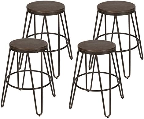 Kate and Laurel Tully Backless Modern Wood and Metal 24" Counter Height Bar Stools, Set of 4, Gray with Wood Seat