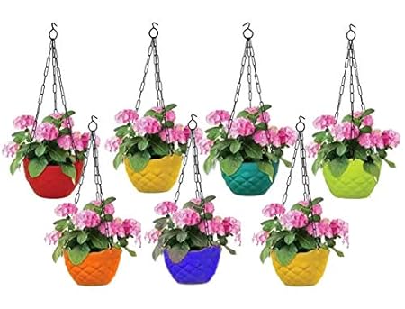 Go Hooked Multicolor Round Diamond Plastic Hanging Pots & Planters with Metal Hanging Chain for Home Garden Balcony (Multicolor) Pack of 7