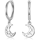 Dainty Hoop Dangle Earrings for Women, Small Hoop Earring with Charm - Moon Star, Spike, Evil Eye, Sterling Silver Huggie Drop Earrings for Her