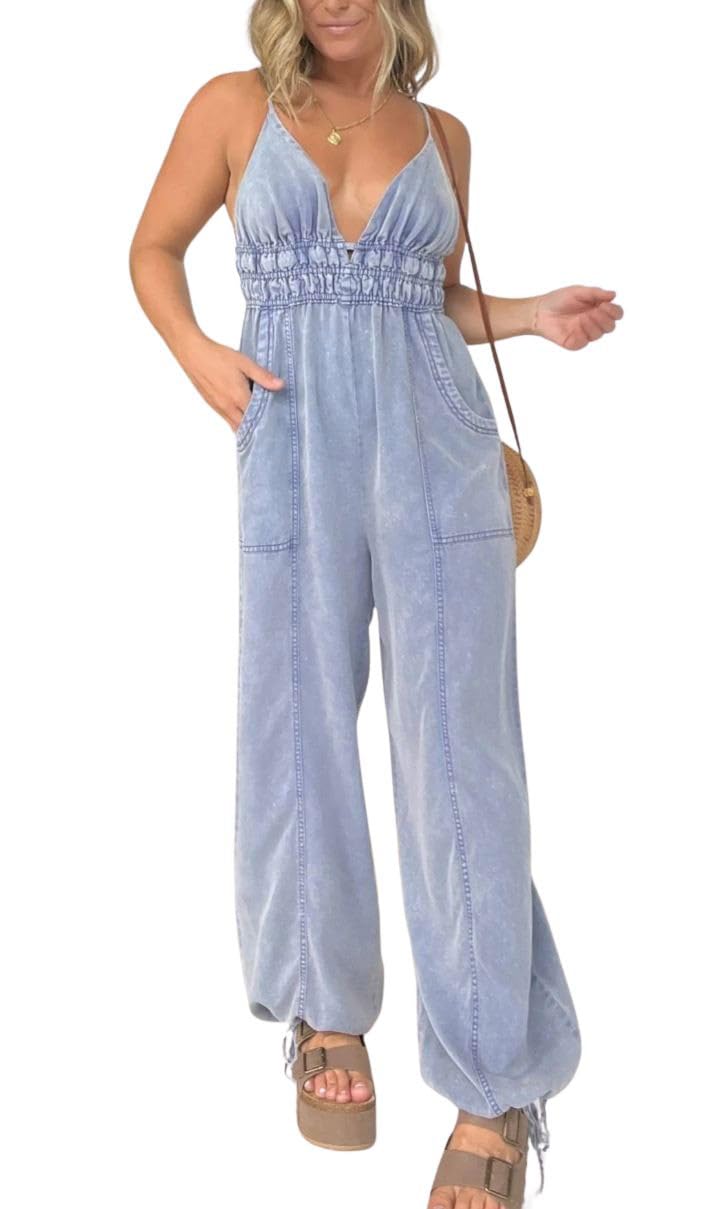 Ebossy Women's Casual Loose Striped Wide Leg Jumpsuits
